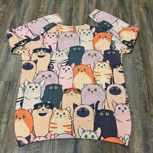 Multicolor All Over Cat Print‎ Cotton Wool Blend Knit Crewneck Sweater read***